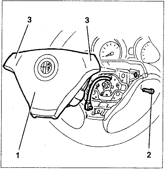 Diagram showing the driver's side airbag module installed in the steering wheel, with labeled parts: 1 = module, 2 = screws, 3 = side controls.