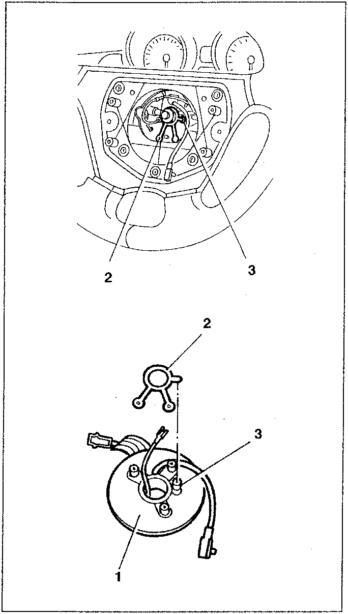 Clock Spring Device diagram showing steering wheel, spiral cable, torsion spring, and pin