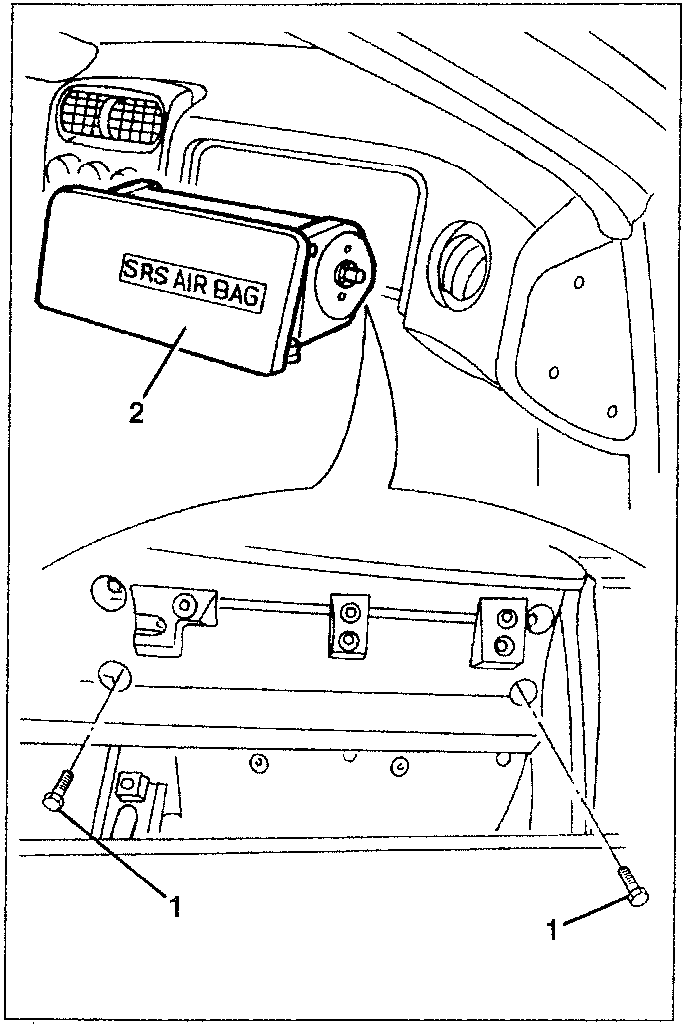 Airbag device in glovebox with labeled parts 1 and 2