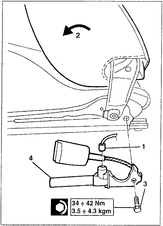 Diagram showing front seat belt pre-tensioner components 1 to 4
