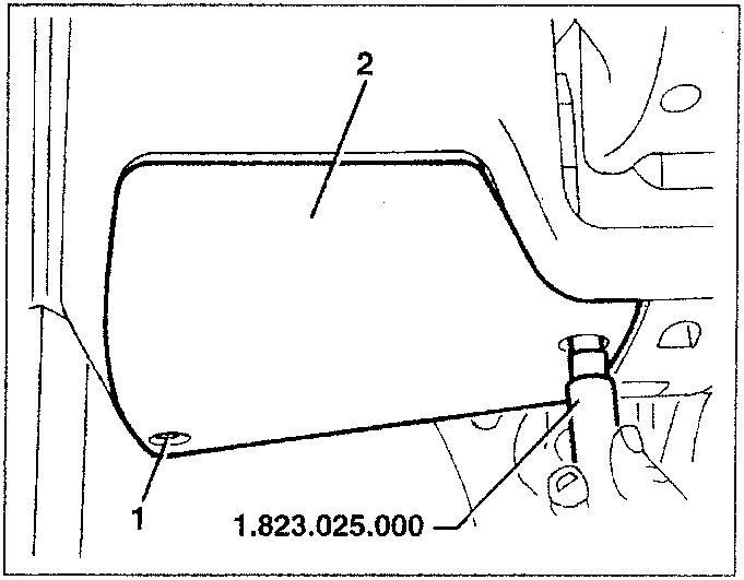 Power window control unit removal diagram showing tool 1.823.025.000 and components 1, 2
