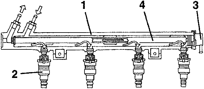 Fuel distributor manifold with parts 1, 2, 3, 4