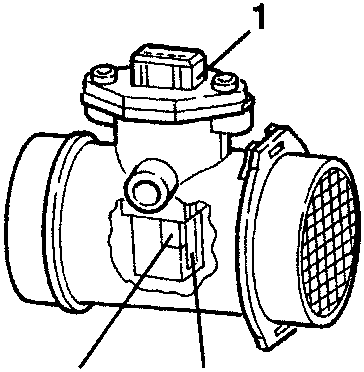 Air-flow meter with labeled parts: 1. Connector, 2. Measurement duct, 3. Hot film sensor.