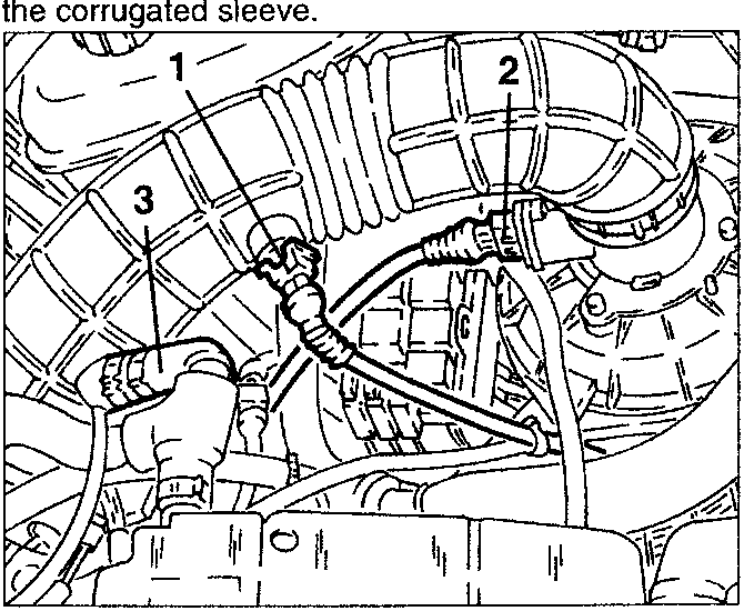 Close-up of air-flow meter connections and pipes, showing numbered parts 1, 2, and 3.