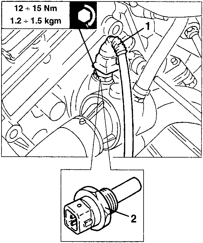 Engine bay showing sensor removal with torque specification