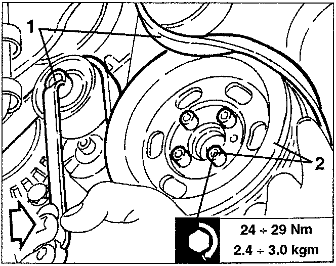Illustration showing removal of auxiliary components drive pulley with torque specification