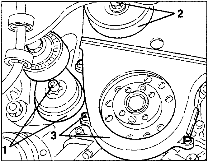 Engine diagram showing belt tensioner, pulley, and cover with numbered parts