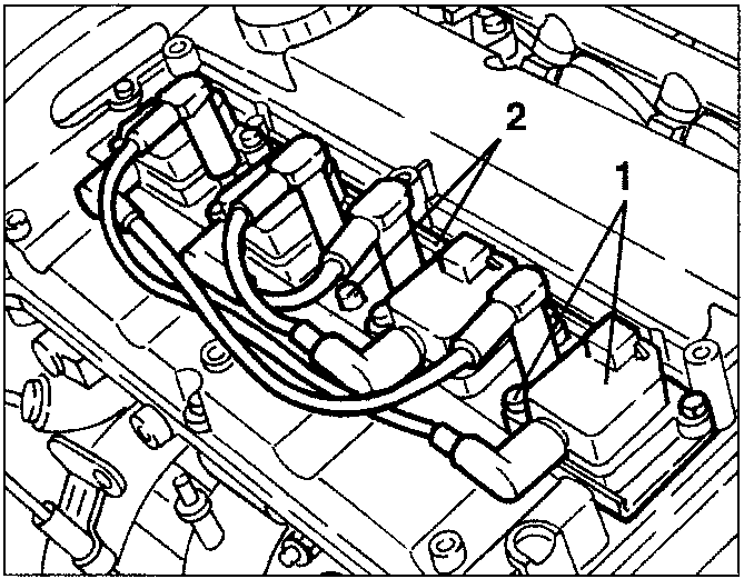 Engine diagram showing ignition coils and support bracket with numbered parts