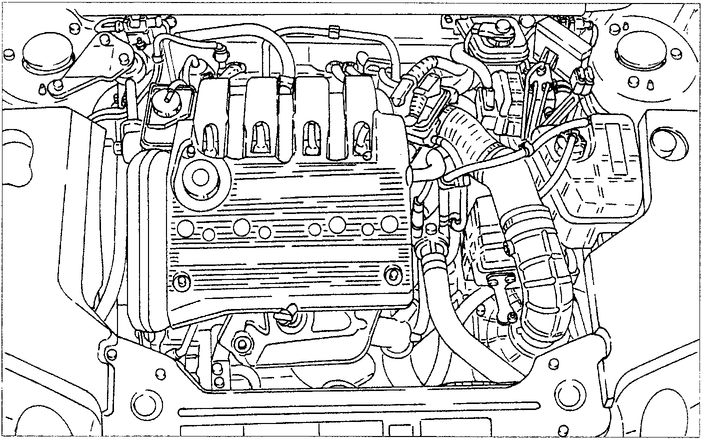 Engine with various components visible, including intake manifold, hoses, and engine block.