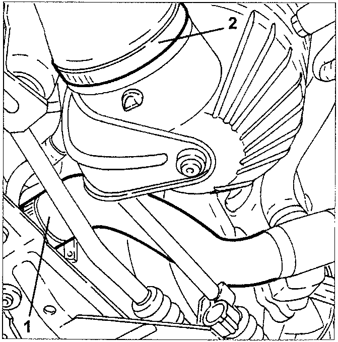 Close-up of engine components, showing a clip (labeled 1) and a resonator (labeled 2).