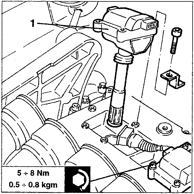 Right cylinder head with ignition coil removed, showing torque specification