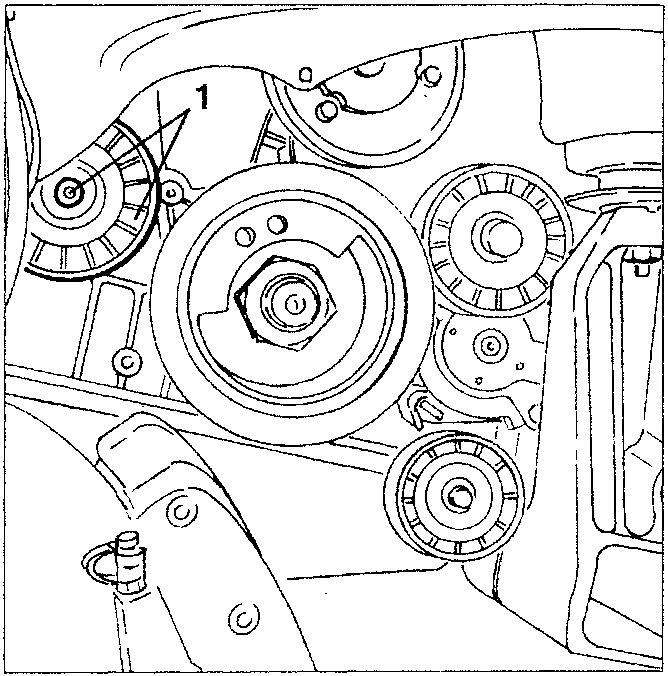 Engine compartment showing auxiliary components drive belt guide pulley