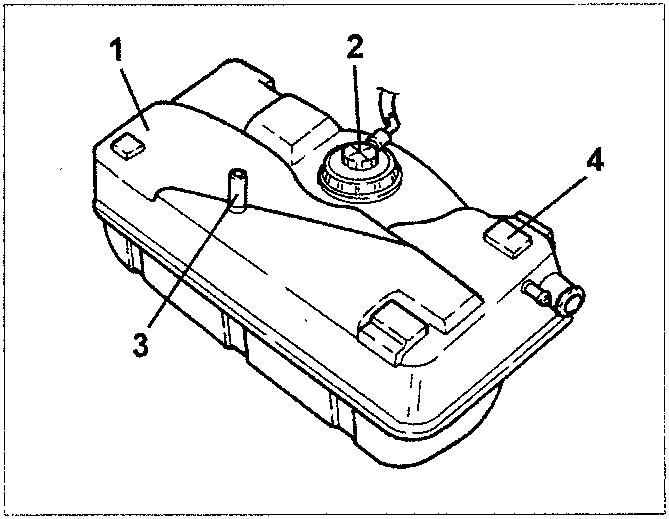 Fuel tank diagram showing parts: 1. Tank, 2. Fuel pump and gauge, 3. Vapour recovery pipe, 4. Vibration damper pads