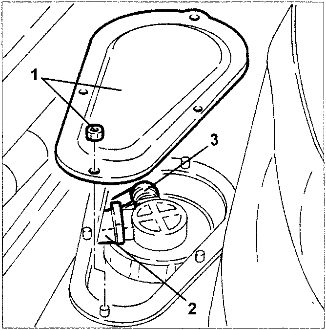 Diagram showing fuel pump and gauge removal with parts labeled 1, 2, 3