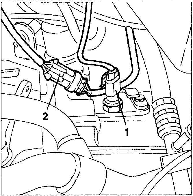 Diagram showing electrical connections near engine bay, labeled 1 and 2