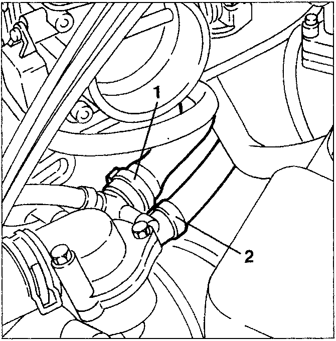Diagram showing coolant pipes connected to heater, labeled 1 and 2