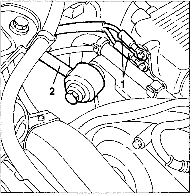 Diagram showing engine stay connecting rod and earth cables, labeled 1 and 2