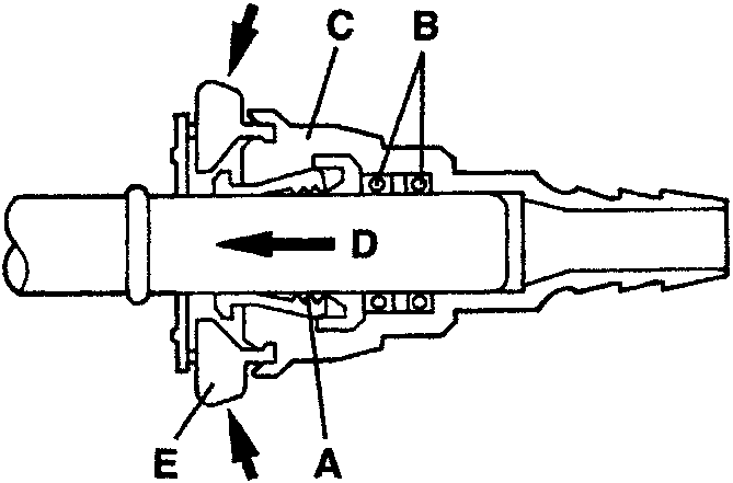 Diagram showing fuel pipe connection fitting with labeled parts A, B, C, D, E