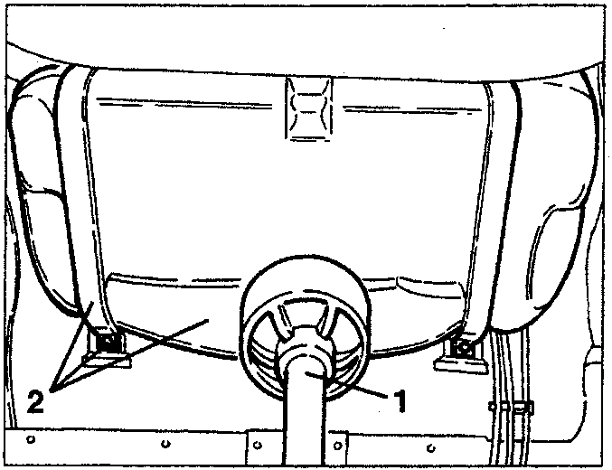 Hydraulic jack positioned under fuel tank with labeled parts 1 and 2