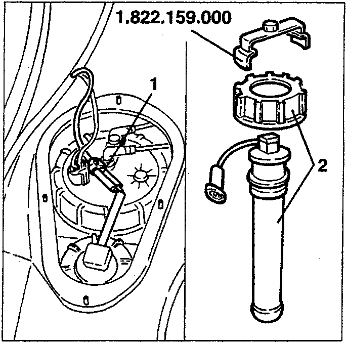 Diagram showing fuel level gauge removal with tool 1.822.159.000 and labeled parts 1 and 2