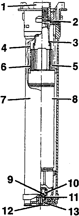 Cross-section diagram of fuel level gauge with numbered parts 1 to 13
