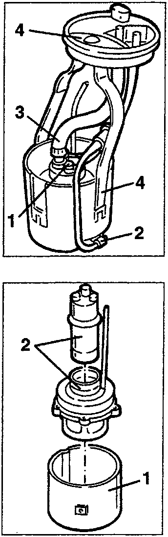 Diagram showing disassembly steps for fuel pump with parts 1, 2, 3, 4