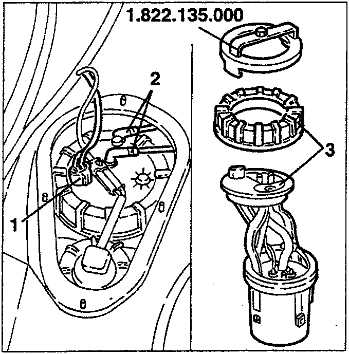 Diagram showing fuel pump removal with parts 1, 2, 3 and tool 1.822.135.000
