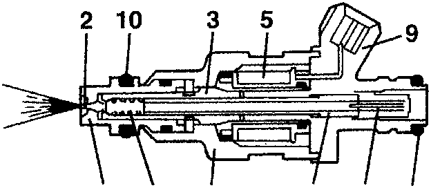 Electroinjector cross-section diagram showing parts 1 to 10