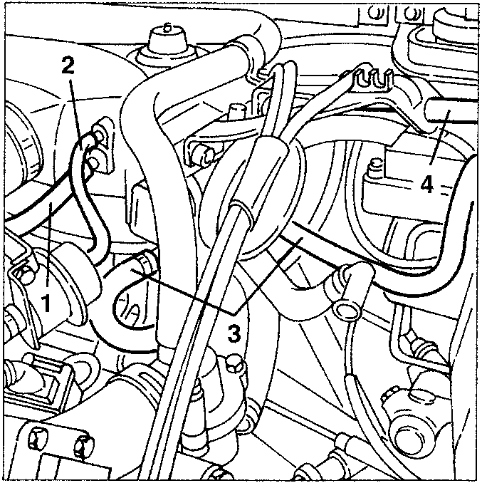 Engine bay showing various pipes and components labeled 1, 2, 3, and 4.