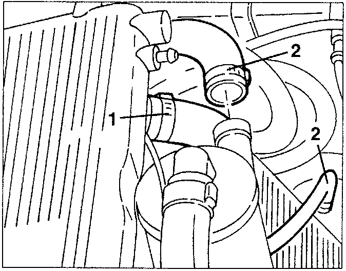 Engine component with two pipes labeled 1 and 2.