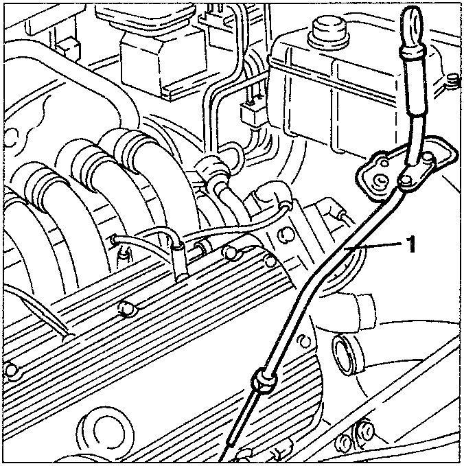 Engine showing oil dipstick and surrounding components