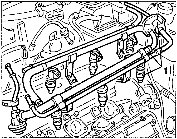 Fuel distributor manifold removal diagram showing manifold and components