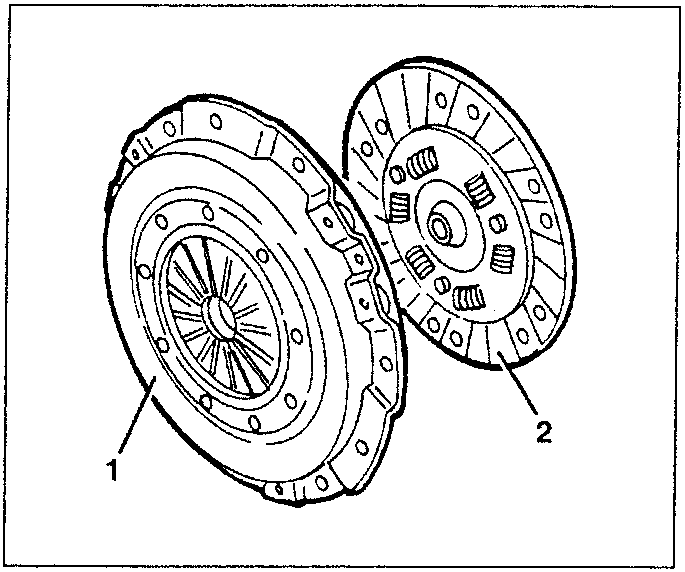 Clutch plate and pressure plate shown separately, labeled 1 and 2