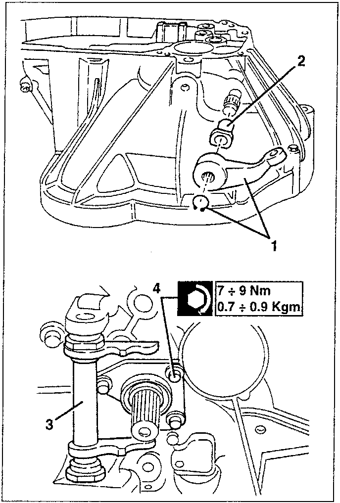 Diagram showing clutch components with labeled parts 1, 2, 3, and 4, and a torque specification box indicating 7 ÷ 9 Nm / 0.7 ÷ 0.9 Kgm.