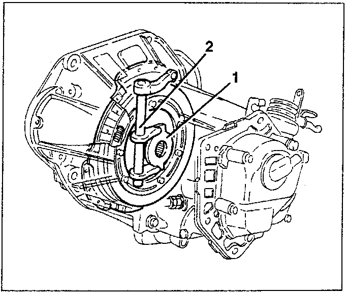 Diagram showing a clutch assembly with labeled parts 1 and 2.
