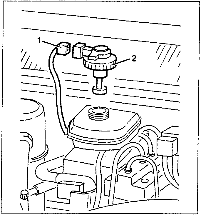 Diagram showing minimum brake-clutch fluid level sensor (1) and its plug (2)