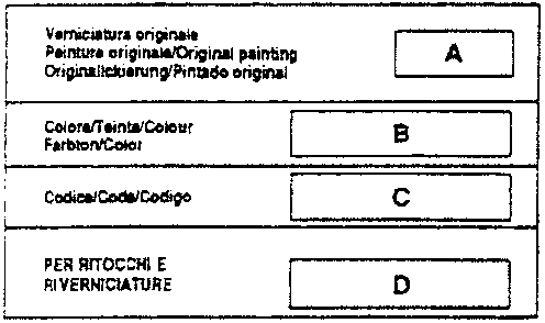 Paint identification label with fields A, B, C, D for paint manufacturer, colour name, colour code, and touch-up code