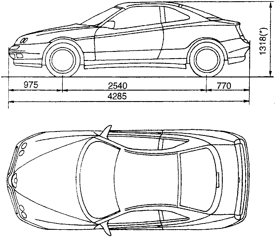 Side view of car with dimensions: 975, 2540, 770, 4285, 1318(*).