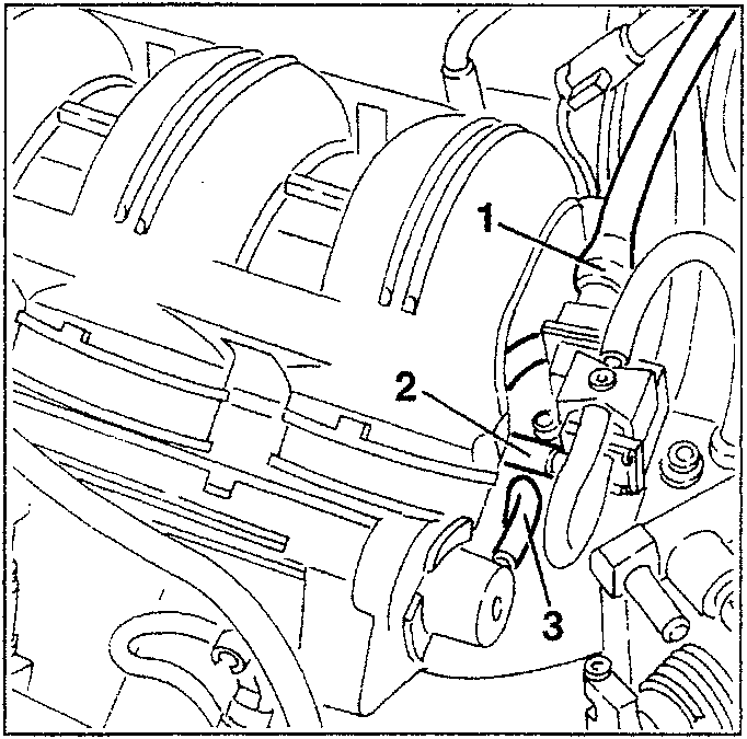 Engine diagram showing E.G.R. valve and related connections marked as 1, 2, 3.