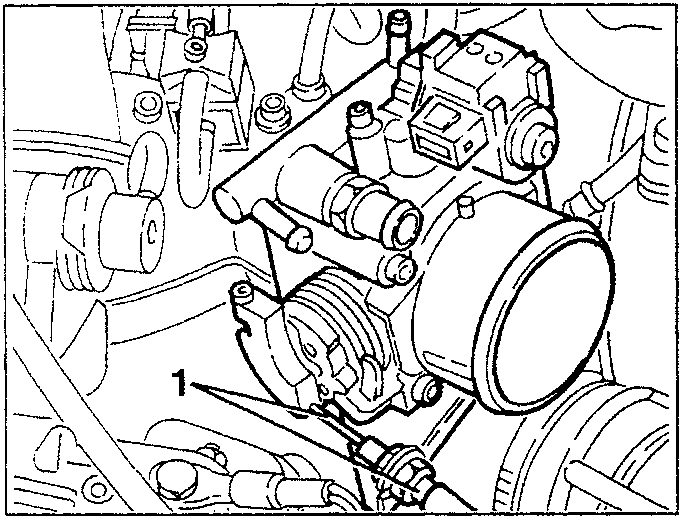 Close-up of throttle body with accelerator cable connection marked as 1.