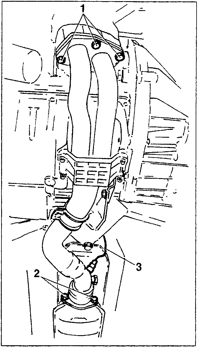 Diagram showing exhaust pipe, rear bolts and lambda probe cable