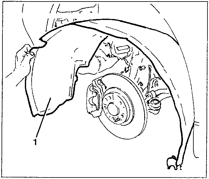 Diagram showing removal of left gravel guard, labeled 1.