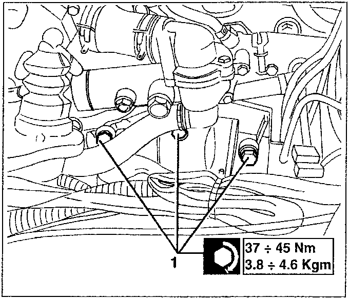 Diagram showing three upper screws fastening gearbox cover to crankcase with torque specification 37 ÷ 45 Nm, 3.8 ÷ 4.6 Kgm