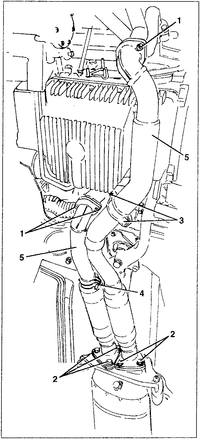 Diagram showing front exhaust pipes with parts labeled 1, 2, 3, 4, 5