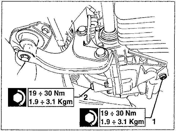 Diagram showing gearbox and differential with torque specifications 19 ÷ 30 Nm, 1.9 ÷ 3.1 Kgm