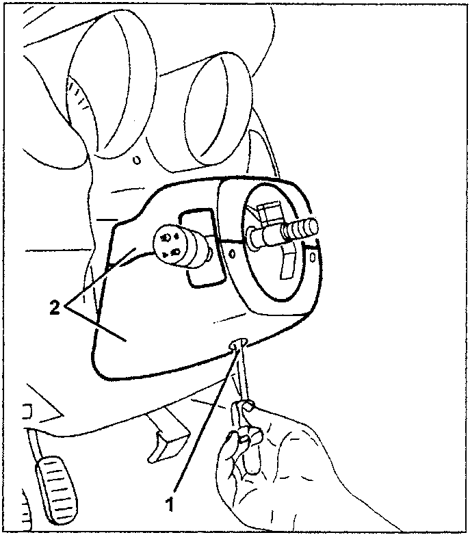 Steering column half cover removal illustration showing hand unscrewing and removing components labeled 1 and 2.