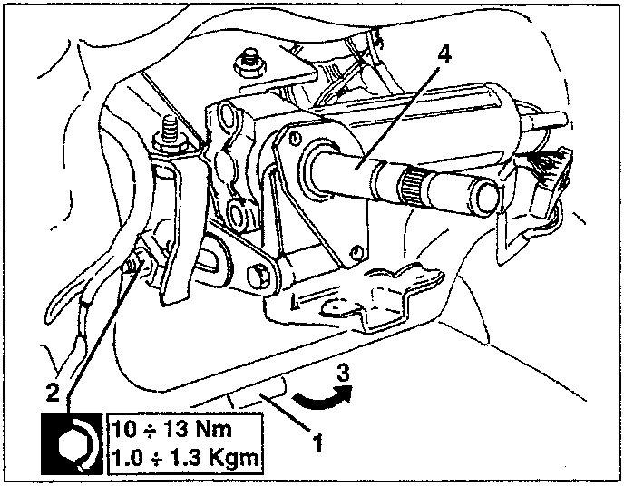 Steering wheel adjustment device with numbered parts 1, 2, and 4