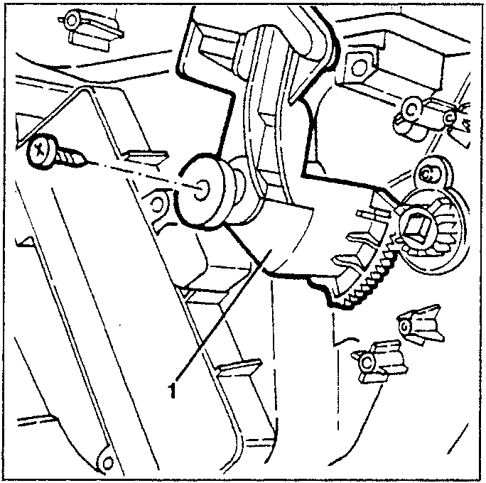 Diagram showing the removal of an air distribution lower port control linkage from an engine bay, with part 1 indicating the linkage being removed.