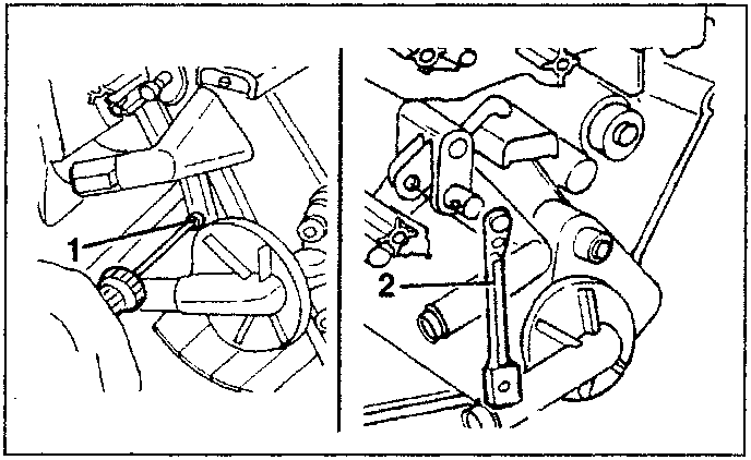 Diagram showing two views of a control rod being disconnected from a gear assembly, with numbered parts 1 and 2 indicating the rod and its attachment point respectively.
