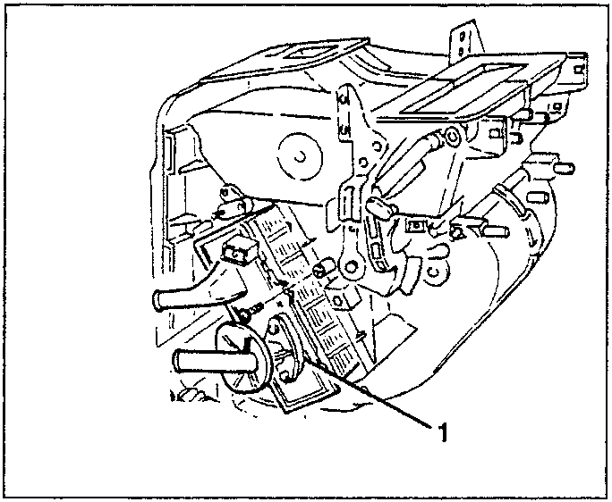 Diagram showing the removal of a radiator from an engine bay, with part 1 indicating the radiator itself.